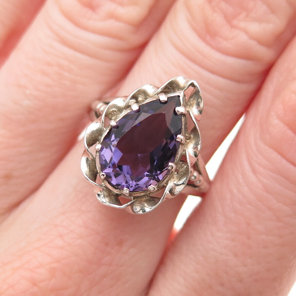 925 Sterling Silver Vintage Real Amethyst Teardrop Oxidized Ring Size 6.75